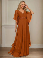 A-line V-Neck Floor-Length Chiffon Mother of the Bride Dress With Sequins Appliques Lace Beading by Dreamylily