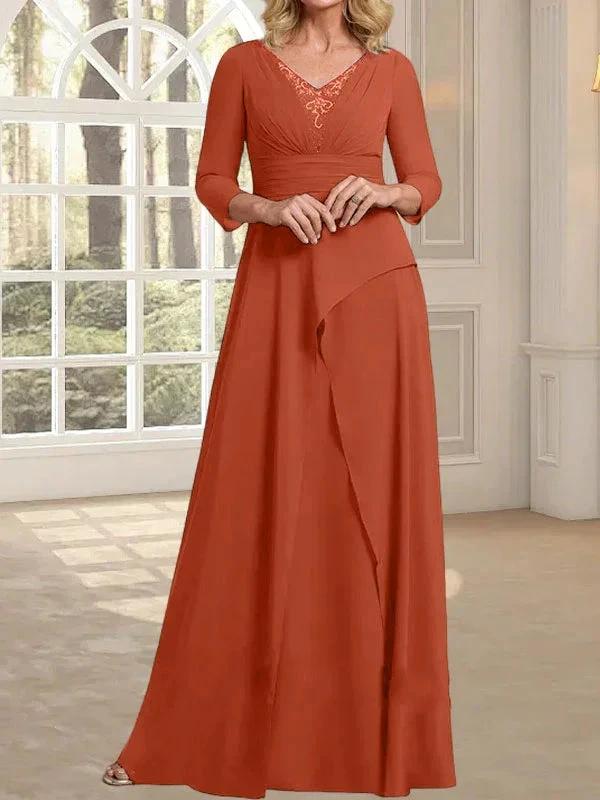 A-line V-Neck Floor-Length Chiffon Mother of the Bride Dress With Pleated Beading by Dreamylily