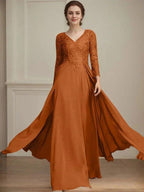 A-line V-Neck Floor-Length Lace Chiffon Mother of the Bride Dress With Sequins by Dreamylily