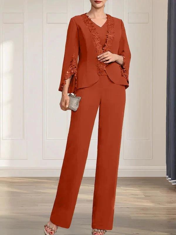 Separates Jumpsuit/Pantsuit V-Neck Floor-Length Chiffon Mother of the Bride Dress by Dreamylily