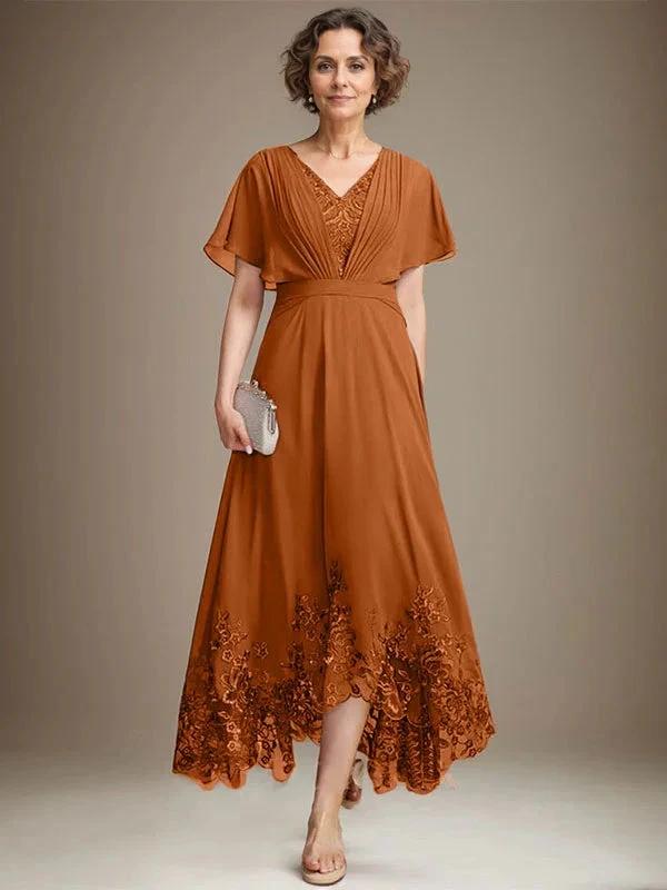 A-line V-Neck Asymmetrical Lace Chiffon Mother of the Bride Dress With Pleated by Dreamylily