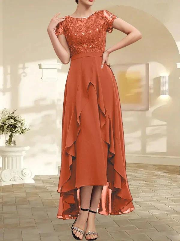 A-line Scoop Illusion Asymmetrical Chiffon Lace Mother of the Bride Dress With Bow Ruffle Sequins by Dreamylily