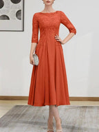 A-line Scoop Illusion Tea-Length Chiffon Lace Mother of the Bride Dress With Beading Sequins by Dreamylily