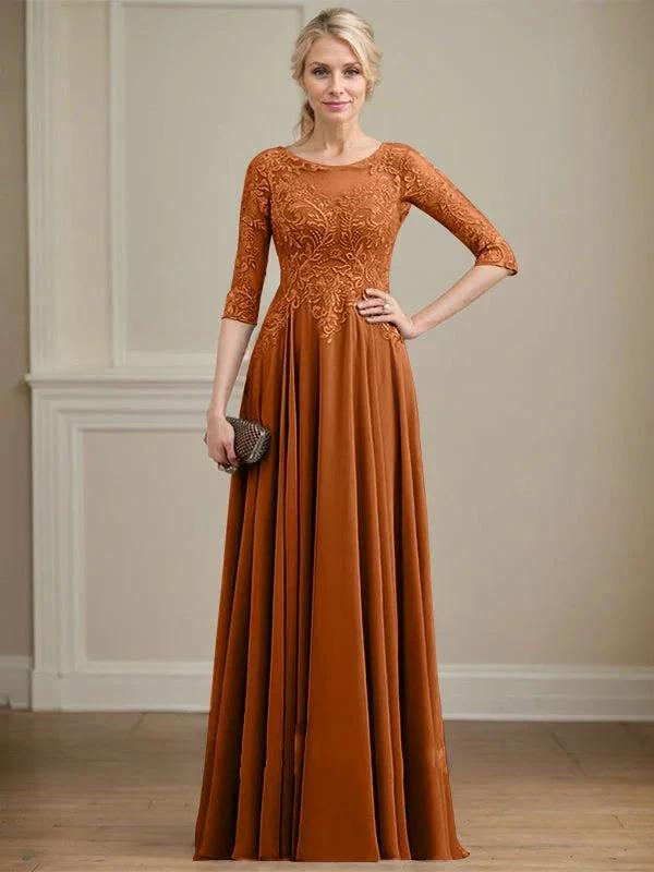 A-line Scoop Illusion Floor-Length Lace Chiffon Mother of the Bride Dress With Sequins by Dreamylily