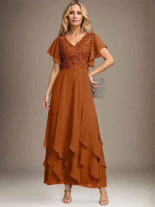 A-line V-Neck Ankle-Length Lace Chiffon Mother of the Bride Dress With Cascading Ruffles by Dreamylily