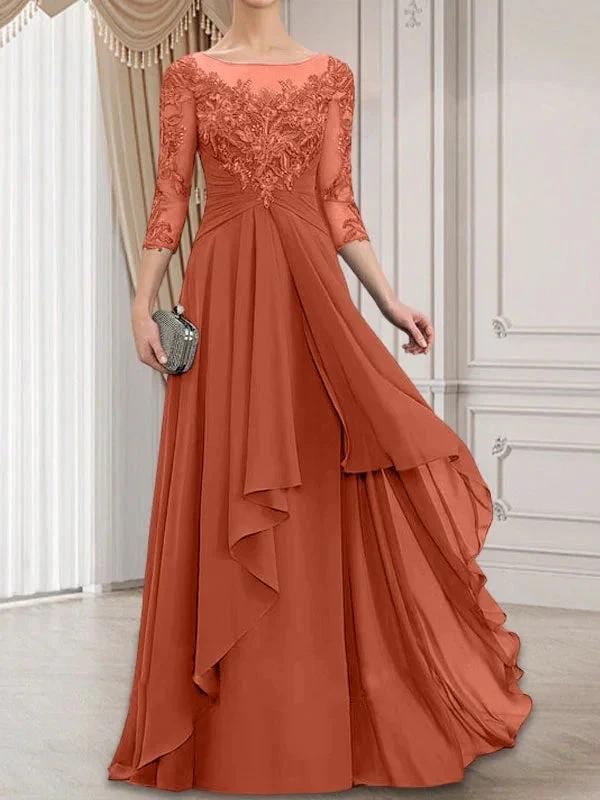A-line Scoop Illusion Floor-Length Lace Chiffon Mother of the Bride Dress With Cascading Ruffles by Dreamylily