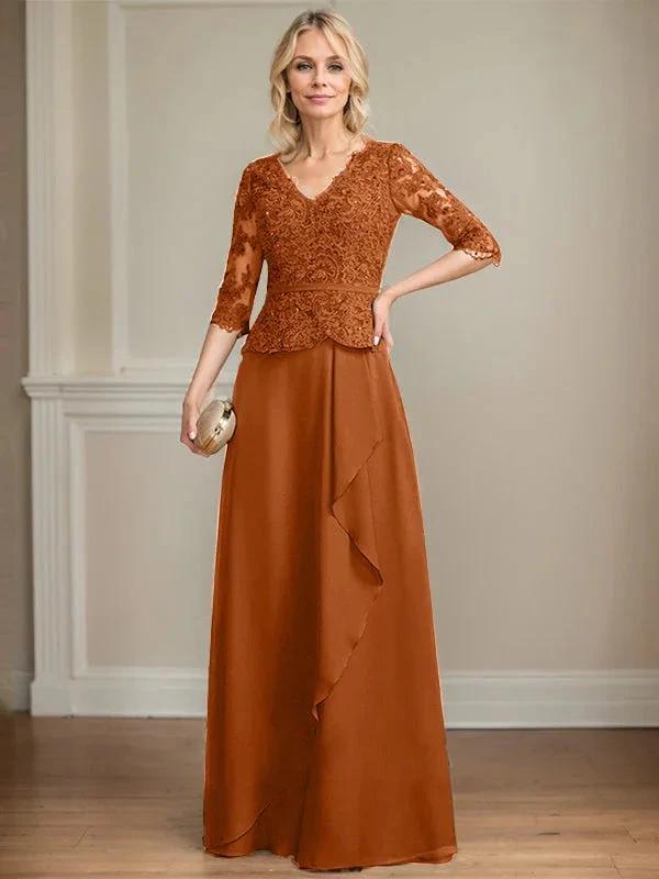 A-line V-Neck Floor-Length Lace Chiffon Mother of the Bride Dress With Cascading Ruffles Sequins by Dreamylily