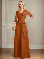 A-line V-Neck Floor-Length Lace Chiffon Mother of the Bride Dress With Cascading Ruffles Sequins by Dreamylily