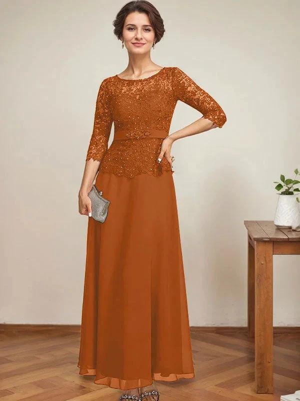 A-line Scoop Illusion Ankle-Length Chiffon Lace Mother of the Bride Dress With Rhinestone Beading by Dreamylily
