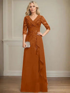 A-line Collared V-Neck Floor-Length Lace Chiffon Mother of the Bride Dress With Sequins Cascading Ruffles by Dreamylily