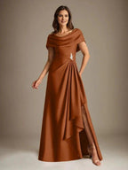 A-Line Scoop Floor-Length Stretch Satin Mother of the Bride Dress With Cascading Ruffles by Dreamylily
