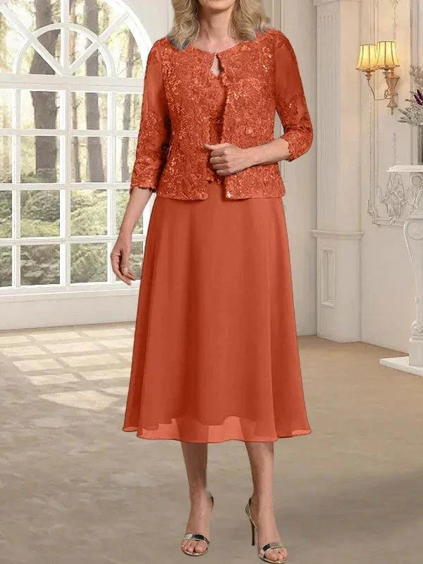 A-line Scoop Tea-Length Lace Chiffon Mother of the Bride Dress With Sequins by Dreamylily