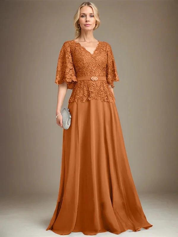 A-line V-Neck Floor-Length Chiffon Lace Mother of the Bride Dress With Crystal Brooch Rhinestone by Dreamylily