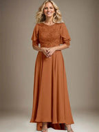 A-line Scoop Illusion Asymmetrical Chiffon Lace Mother of the Bride Dress With Beading by Dreamylily