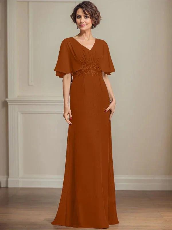 A-line V-Neck Floor-Length Chiffon Mother of the Bride Dress With Pleated Sequins Appliques Lace by Dreamylily