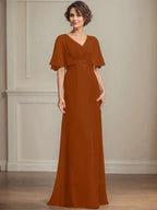 A-line V-Neck Floor-Length Chiffon Mother of the Bride Dress With Pleated Sequins Appliques Lace by Dreamylily