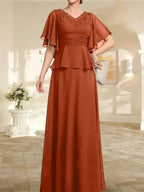 A-line V-Neck Floor-Length Chiffon Mother of the Bride Dress With Pleated Beading by Dreamylily