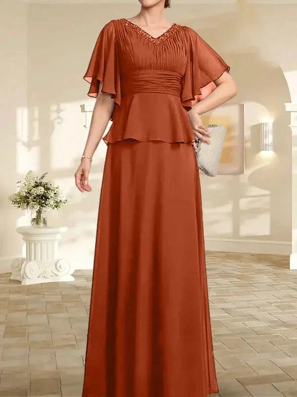 A-line V-Neck Floor-Length Chiffon Mother of the Bride Dress With Pleated Beading by Dreamylily