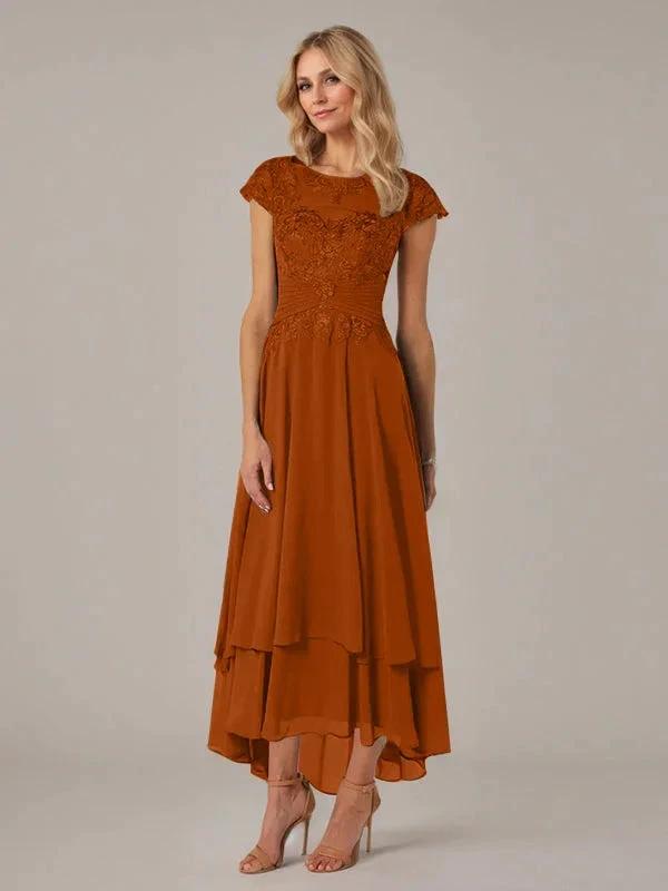 A-line Boat Neck Illusion Asymmetrical Chiffon Lace Mother of the Bride Dress With Applique Pleats by Dreamylily