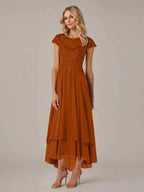 A-line Boat Neck Illusion Asymmetrical Chiffon Lace Mother of the Bride Dress With Applique Pleats by Dreamylily