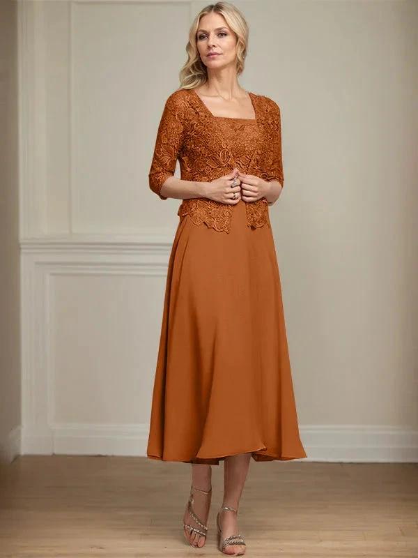 A-line Square Tea-Length Chiffon Lace Mother of the Bride Dress With Sequins Beading by Dreamylily