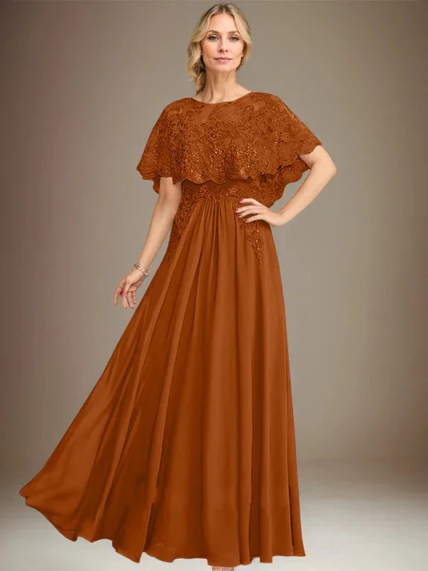 A-line Boat Neck Floor-Length Lace Chiffon Mother of the Bride Dress With Applique Sequins by Dreamylily