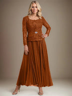 Vestido de gasa para madre de la novia con corte A, cuadrado, largo hasta los tobillos, con pliegues 