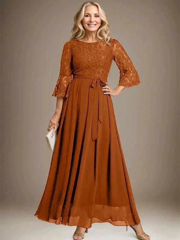A-line Scoop Ankle-Length Lace Chiffon Mother of the Bride Dress With Bow by Dreamylily