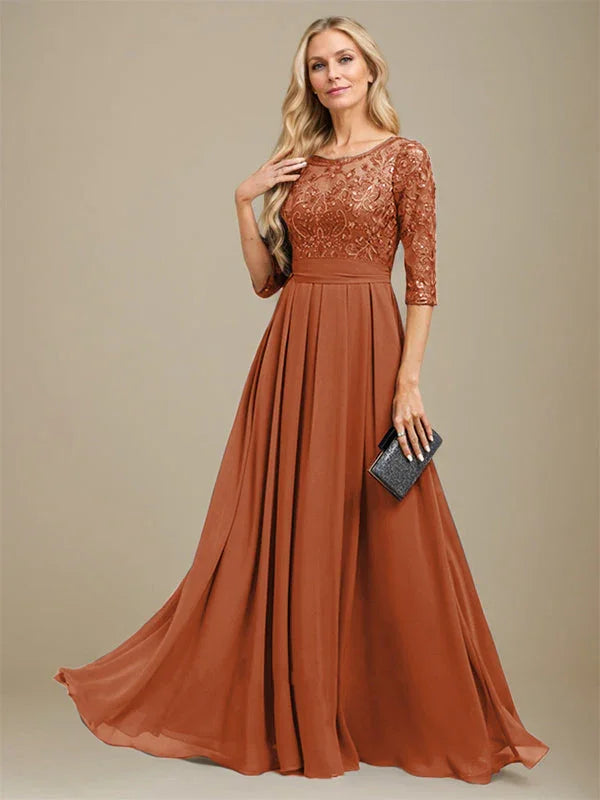 Vestido de madre de la novia de gasa con encaje, corte A, largo hasta el suelo y apliques de lentejuelas 