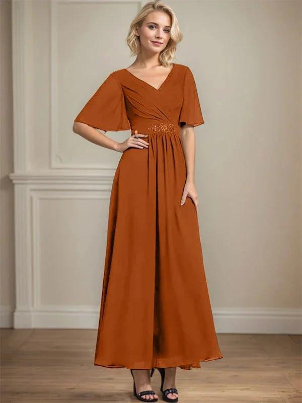 A-line V-Neck Ankle-Length Chiffon Mother of the Bride Dress With Pleated Beading Sequins by Dreamylily