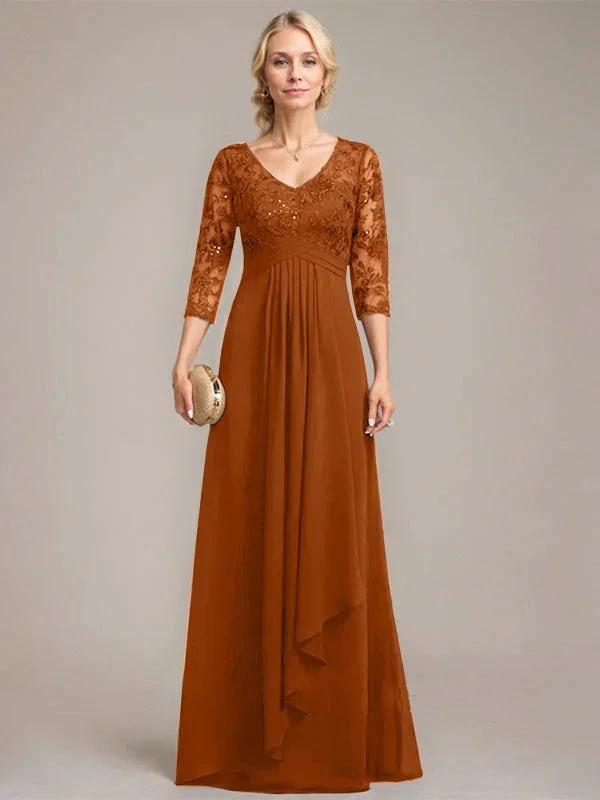 A-line V-Neck Floor-Length Lace Chiffon Mother of the Bride Dress With Cascading Ruffles Sequins by Dreamylily
