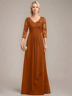 A-line V-Neck Floor-Length Lace Chiffon Mother of the Bride Dress With Cascading Ruffles Sequins by Dreamylily
