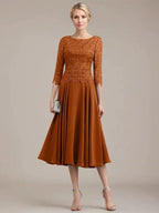 A-line Scoop Tea-Length Lace Chiffon Mother of the Bride Dress by Dreamylily