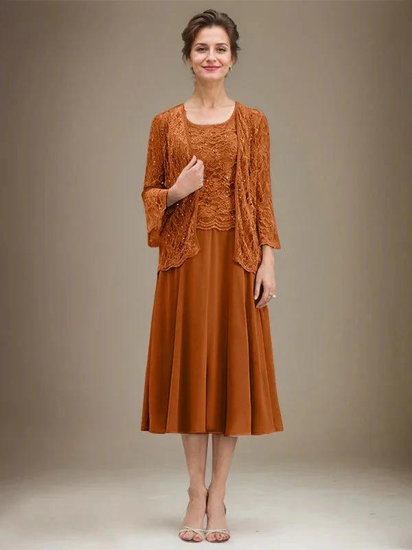 A-line Scoop Tea-Length Lace Chiffon Mother of the Bride Dress With Sequins by Dreamylily