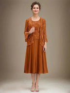 A-line Scoop Tea-Length Lace Chiffon Mother of the Bride Dress With Sequins by Dreamylily