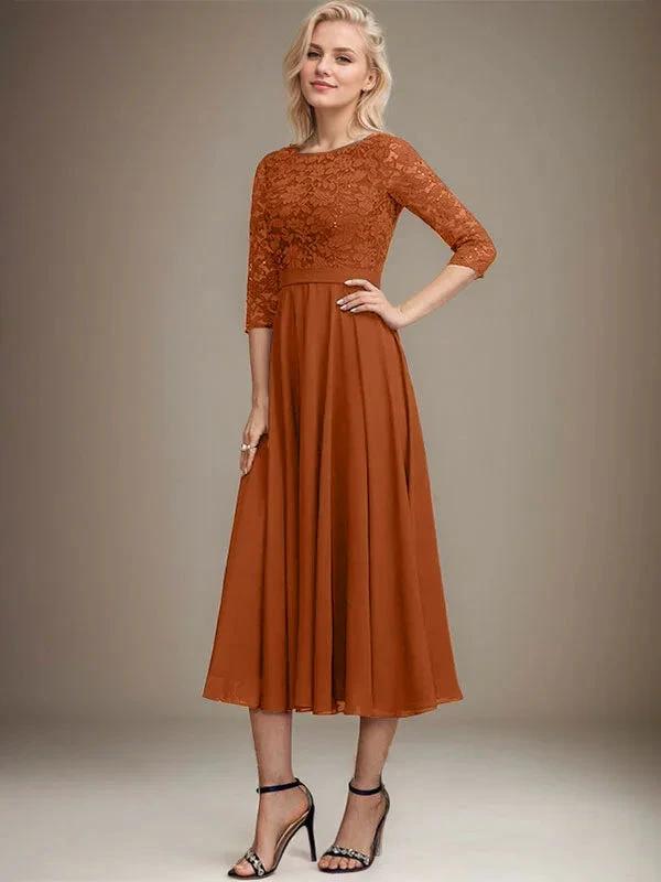 A-line Scoop Tea-Length Lace Chiffon Mother of the Bride Dress With Sequins by Dreamylily