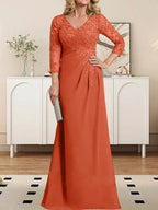 Sheath/Column V-Neck Illusion Floor-Length Lace Chiffon Mother of the Bride Dress With Pleated Sequins by Dreamylily