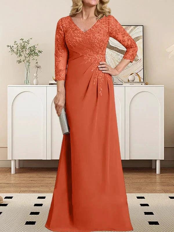 Sheath/Column V-Neck Illusion Floor-Length Lace Chiffon Mother of the Bride Dress With Pleated Sequins by Dreamylily
