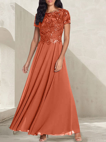 Vestido largo de madre de la novia con escote redondo, corte A, color gris carbón y cuentas