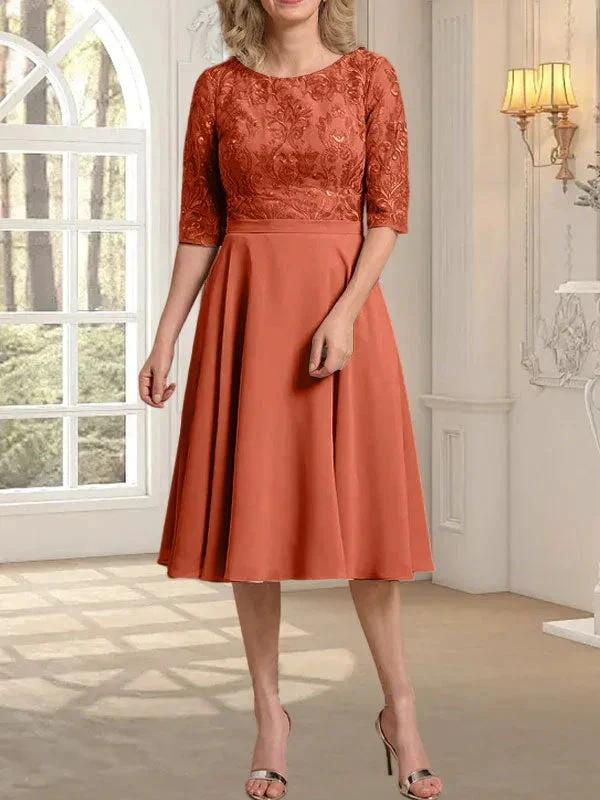 A-line Scoop Knee-Length Lace Chiffon Mother of the Bride Dress by Dreamylily