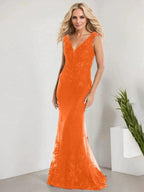 A-line V-Neck Floor-Length Lace Chiffon Mother of the Bride Dress With Applique Sequins Mermaid Dresses by Dreamylily