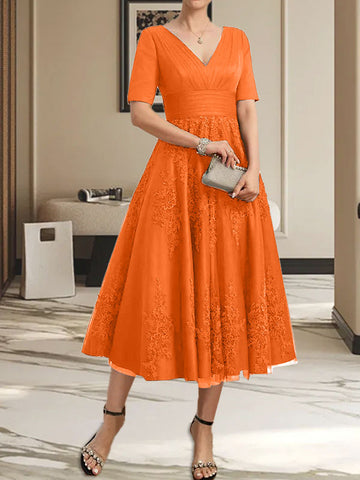 A-line V-Neck Tea-Length Tulle Lace Mother of the Bride Dress With Pleated