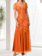 Blue Mermaid Round Neck Long Mother of the Bride Dress With Beadings