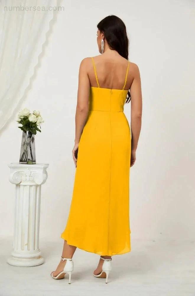 Numbersea Spaghetti Chiffon V Neck Bridesmaid Dress Mid-Length Slit Formal Prom Dress Homecoming Dress 2803 by numbersea