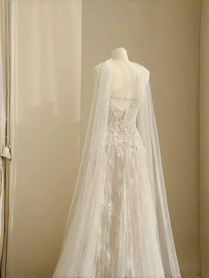 Pretty Strapless Tulle Lace Long A Line Wedding Dress,Formal Prom Evening Dress Y8686 by simplepromdress