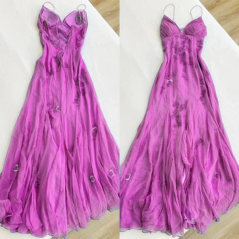 Vestido largo de gasa azul con tirantes finos, elegante, para fiesta de graduación y noche, Y7457