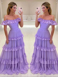 Woman in off-shoulder lavender ruffle dress taking mirror selfie, Zapdress fashion