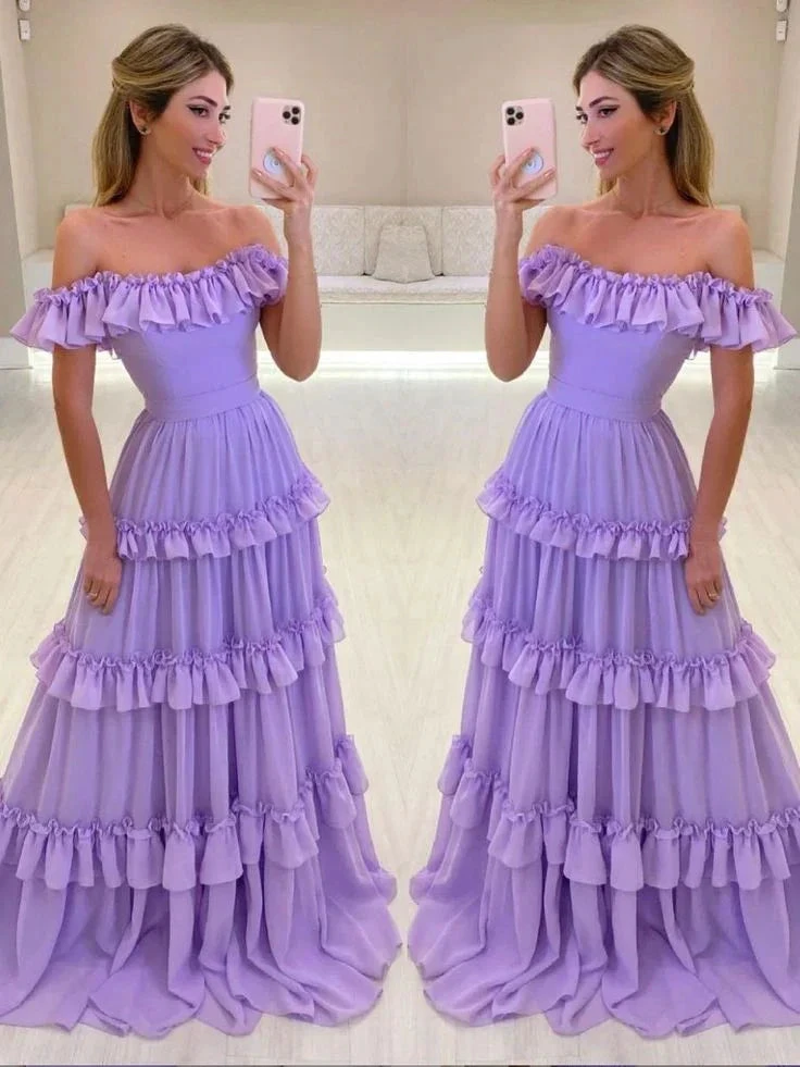 Woman in off-shoulder lavender ruffle dress taking mirror selfie, Zapdress fashion