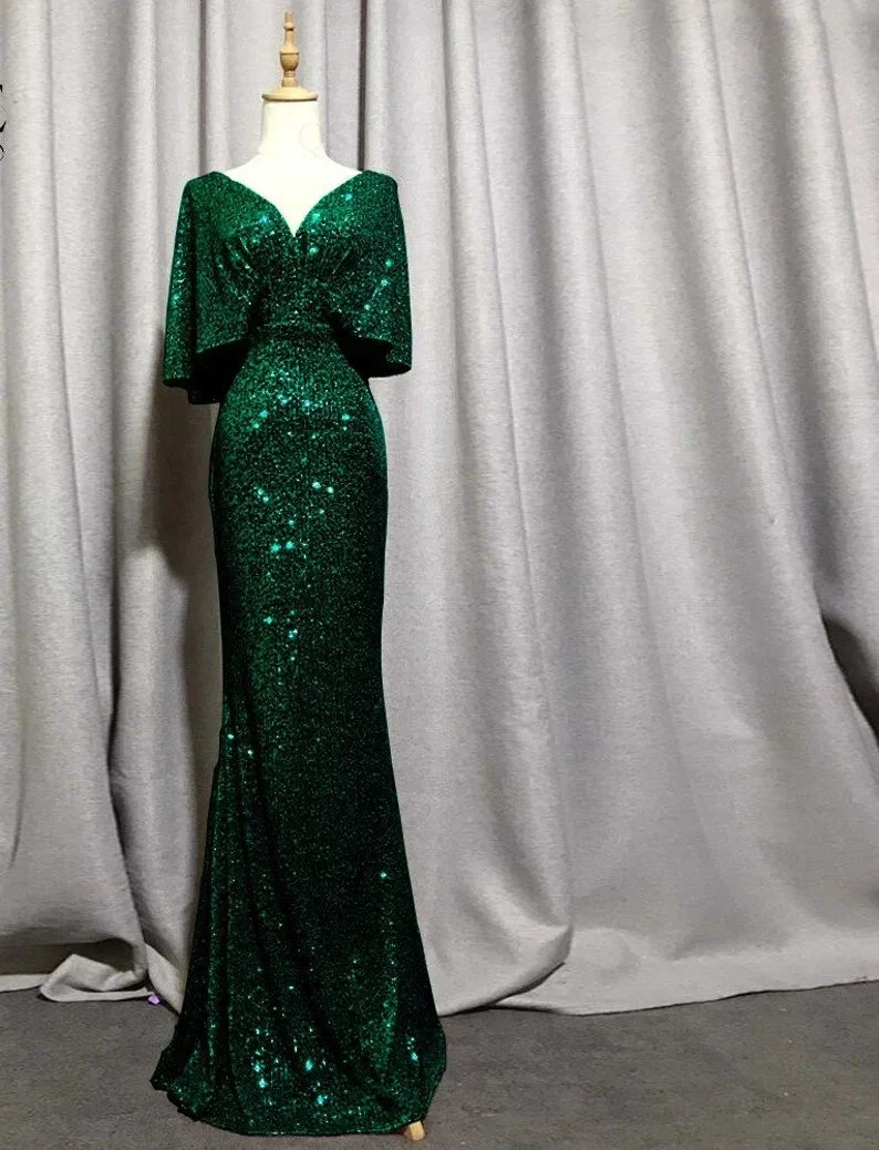 Mermaid Short Sleeves Sexy V Neck Evening Dress, Elegant Glitter Bat Sleeves Formal Party Dress Y1390 by simplepromdress
