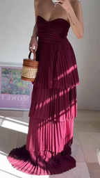 Burgundy Strapless Chiffon Pleated Tiered Long Evening Dress A Line Prom Dress Y8503 by simplepromdress